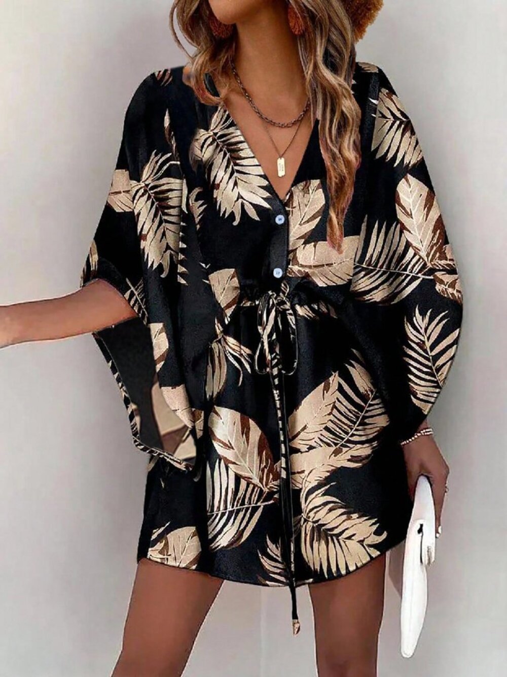 Black Boho Women's Tropical Printed Button-Up Half Placket Dress